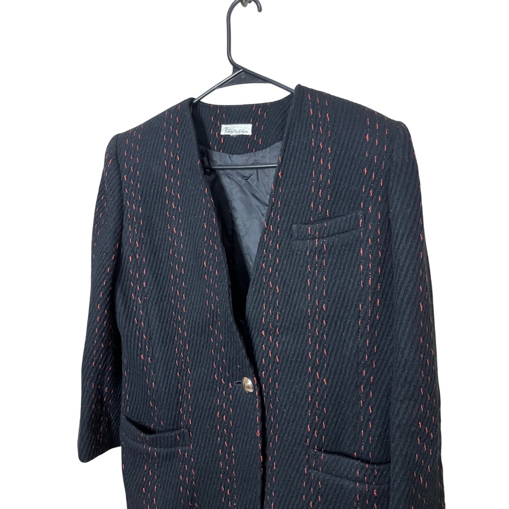 Shen Seek Hwa Black Red Striped Blazer Jacket One Button Collarless Size M - Picture 2 of 6